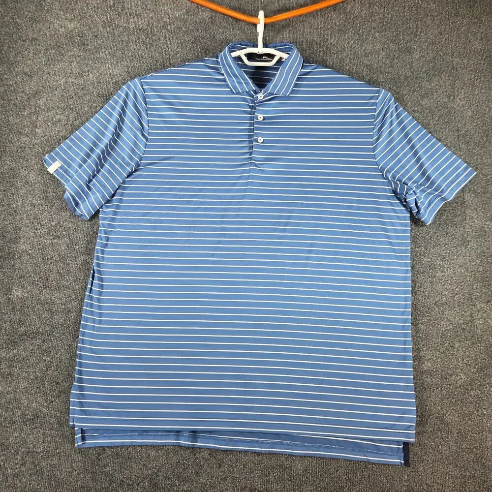 RLX Ralph Lauren Polo Shirt Performance Blue White Striped Mens XL Fit= 2XL Golf